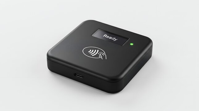 Black contactless card reader displaying ready status on a clean light grey background