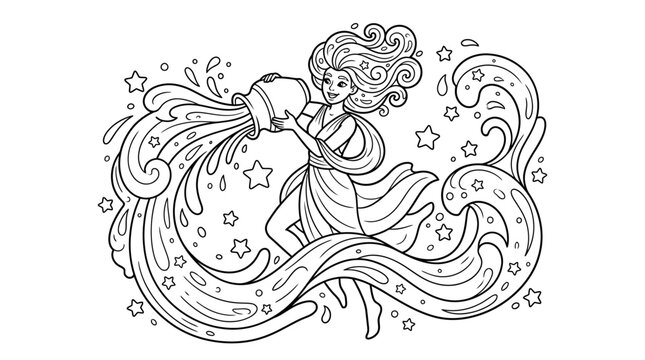 Black and white line art illustration of the Aquarius zodiac sign represented as a woman pouring water from a ceramic urn, surrounded by swirling waves and decorative stars.