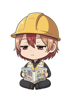 Cartoon character reading comic book wearing hard hat.