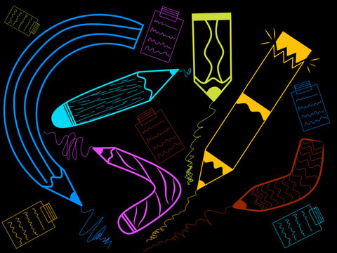 Collection of school supplies elements. Random doodle icons of school items. Hand-drawn vector doodles.
