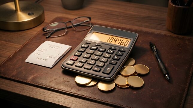Desk calculator on leather mat with gold coins and store receipt for financial expense tracking