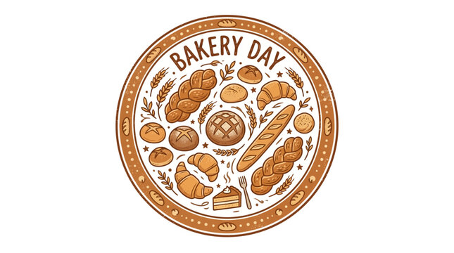 Bakery Day Round Emblem with Hand Drawn Assorted Bread and Pastries
