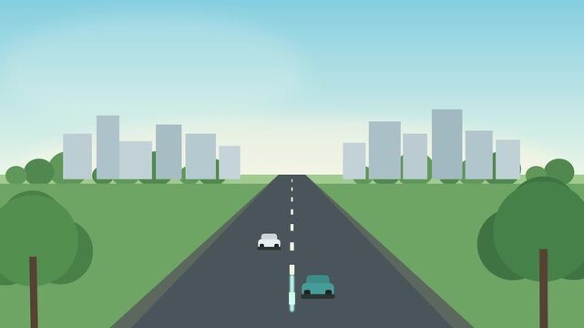 Animated city skyline with green trees on road with electric cars driving on a clear day