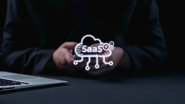 Visual representation of SaaS showing infrastructure, SaaS deployment, SaaS platform features, and SaaS integration model in digital environment. Elide