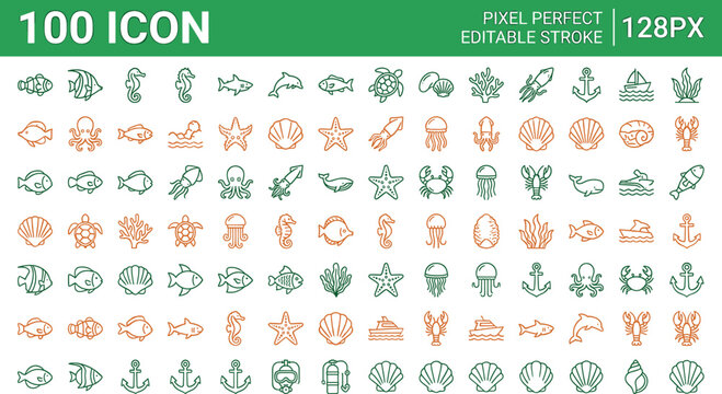 Marine life ocean animals sea creatures diving equipment and nautical navigation linear outline icons set