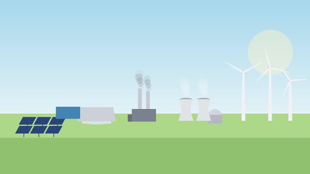 Vector illustration showing diverse power generation sources including solar panels, wind turbines, and industrial plants on a green field under a clear sky