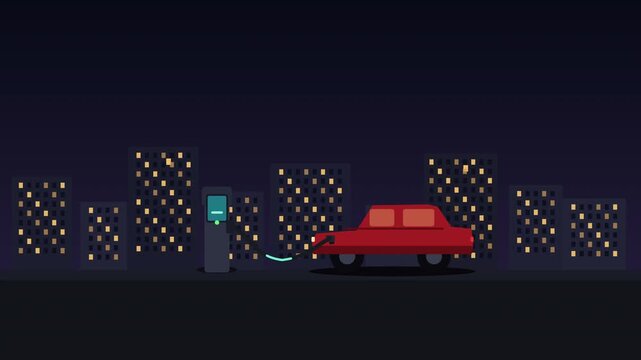 Red electric car SUV charging at night on city street, symbolizing clean energy and low electricity demand