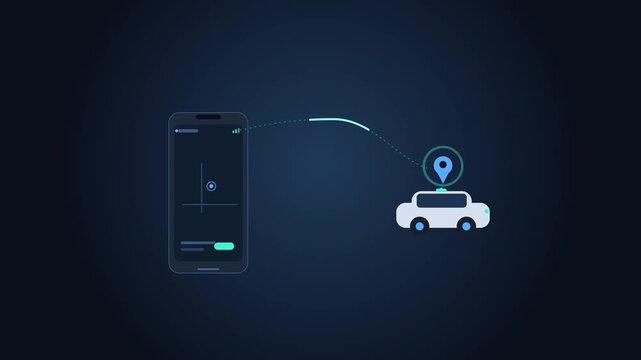 Motion graphic animation of autonomous car sharing service controlled by smartphone app, app shows location pin and connection