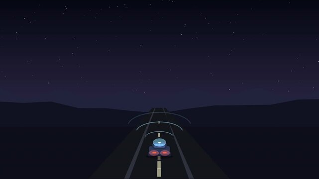 Animated vector driverless electric car drives on nighttime highway through mountains, futuristic transport, autonomous driving