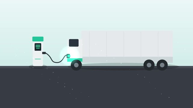 White electric semi truck with container charging at station with plug in cable, sustainable transport, future logistics, clean energy vehicle charging