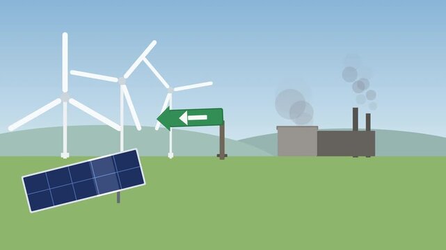 Clean versus dirty energy production choice, wind turbines and solar panel versus factory smoke stack, directional sign illustrating decision, sustainable future concept