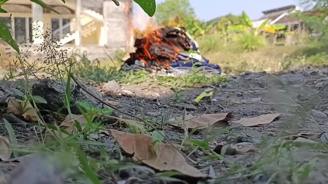 Pembakaran sampah di kebun siang hari 