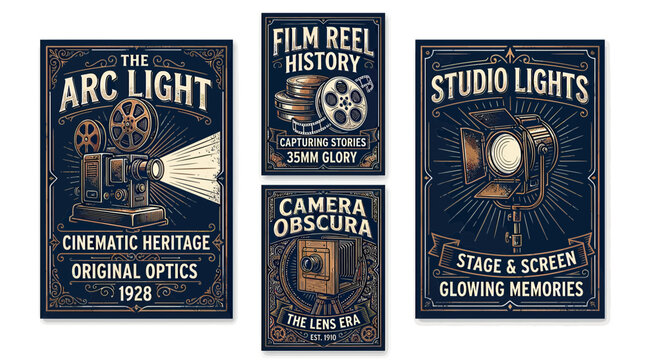Vintage cinema posters with classic film projector and camera designs