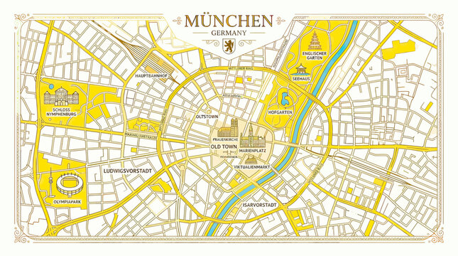 Vintage city map of munich germany with historical landmarks