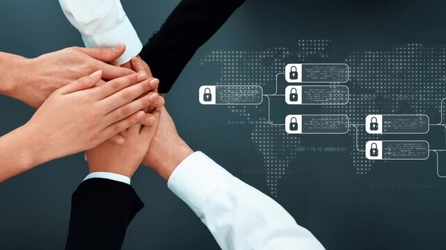 Hands united in teamwork showcase collaboration on a global scale. Icons of locks symbolize security and data protection in the digital landscape. Raster