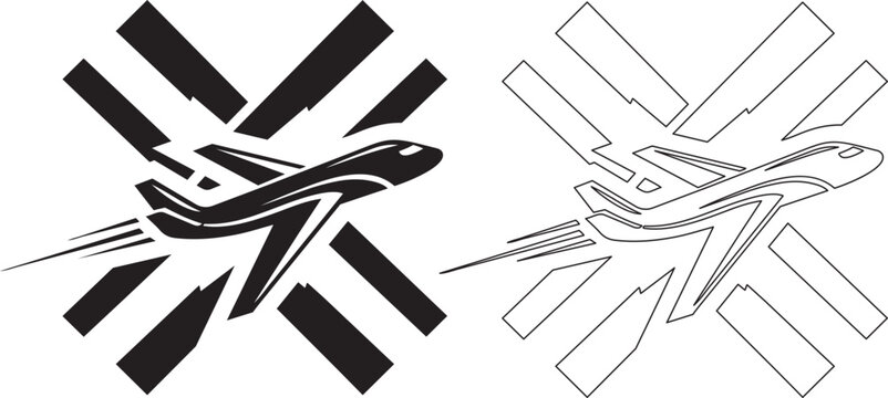 Stylized airplane in silhouette and outline forms over abstract explosion pattern