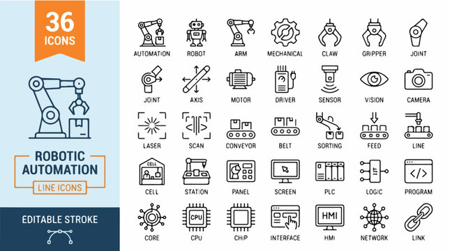 Technician repairing robotic automation machinery with tools and icons nearby in industrial setting
