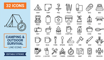 Fototapeta premium Camping icons grid showcases various outdoor survival tools and gear