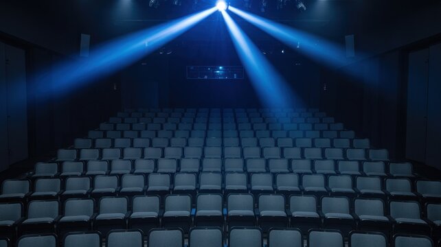 Empty cinema auditorium with blue spotlight beams shining down on rows of seats