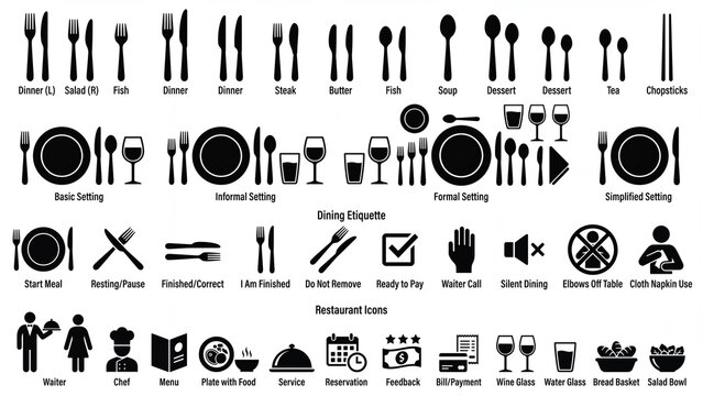 Comprehensive set of dining and restaurant icons featuring various cutlery table settings and etiquette symbols ideal for web and app design
