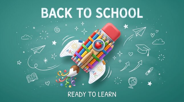 Back to school rocket with school supplies on chalkboard
