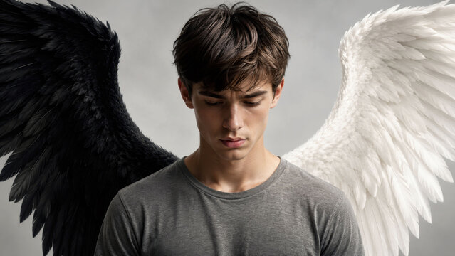 Young Man Between Black and White Angel Wings Symbolizing Inner Conflict, Moral Dilemma, Difficult Choice, Conscience and Good Versus Evil