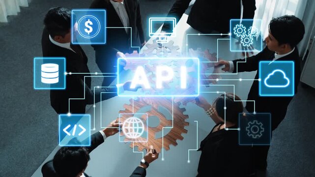 Business Team Collaborating on API Development and Integration with Digital Tools and Technology Concepts for Modern Solutions. Entropy.
