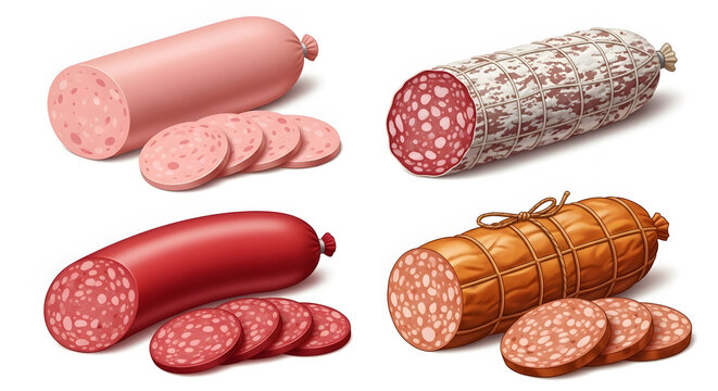 Gourmet sausage collection with sliced salami and bologna, variety of deli meat products on white background, assorted charcuterie cold cuts