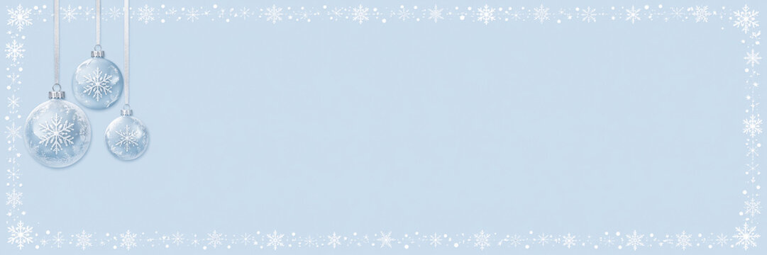 Christmas blue background with snowflake border and ornaments