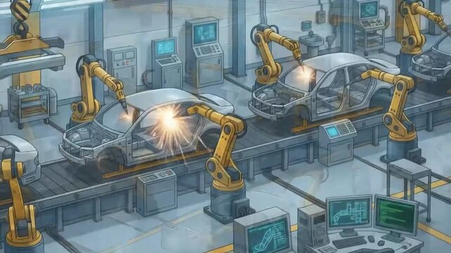 Automated car assembly line with robotic arms welding vehicle chassis in a modern smart factory, loopable animation
