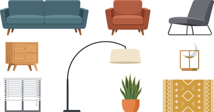 Modern Living Room Furniture Vector Set with Mid-Century Couch, Armchairs, Arc Floor Lamp, Sideboard, Potted Houseplant, and Ethnic Pattern Rug Elements