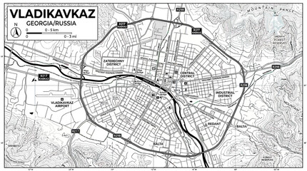 Obraz premium Map of vladikavkaz showing city districts and topographic terrain