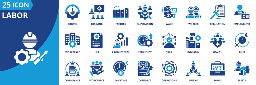 labor icon set collection in solid glyph dual color style. pack contain worker, workforce, employment, industry, factory, shift, wage, tools, hours, overtime icon