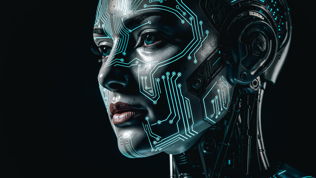 Futuristic cyborg woman with half human half machine face, glowing circuit patterns on skin, artificial intelligence concept in dark blue background