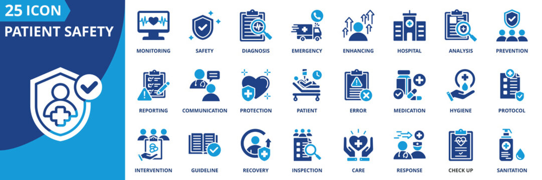 patient safety icon set collection in solid glyph dual color style. pack contain safety, patient, care, protection, prevention, enhancing, monitoring, intervention, diagnosis, analysis icon