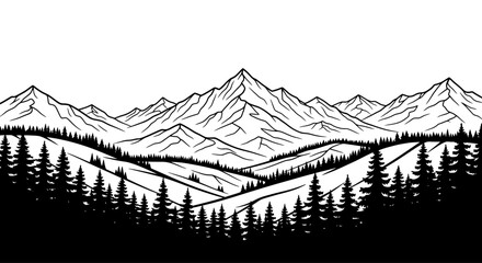 Black and White Mountain Landscape Vector Illustration with Pine Forest © kiki__