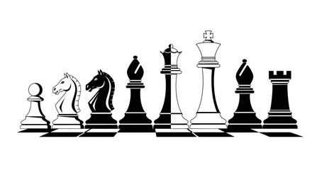 Black and White Chess Pieces Set on White Background © kiki__