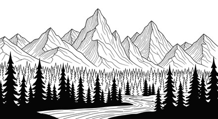 Black and White Mountain Landscape Sketch with Forest and River © kiki__
