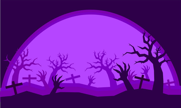 Halloween background with spooky zombie hands rising from graveyard crosses silhouettes and creepy dead trees under purple moon light, abstract flat vector illustration