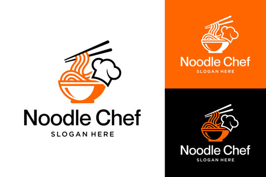 Noodle Chef Logo Design, Restaurant and Street Food Branding Icon, Creative Food Service Vector, Ramen Bowl with Chef Hat Symbol.
