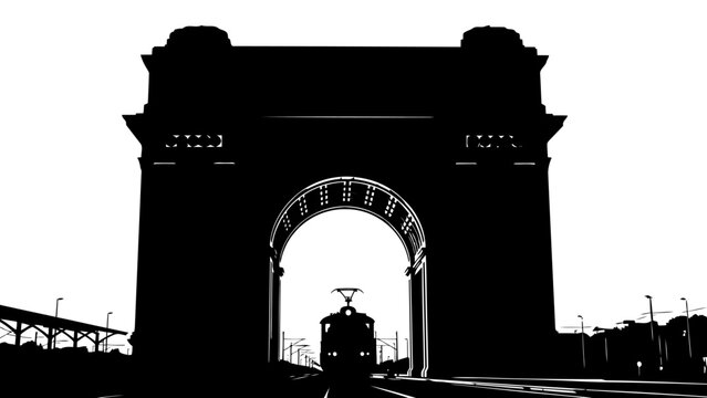 Silhouette of a Train Passing Through a Monumental Archway