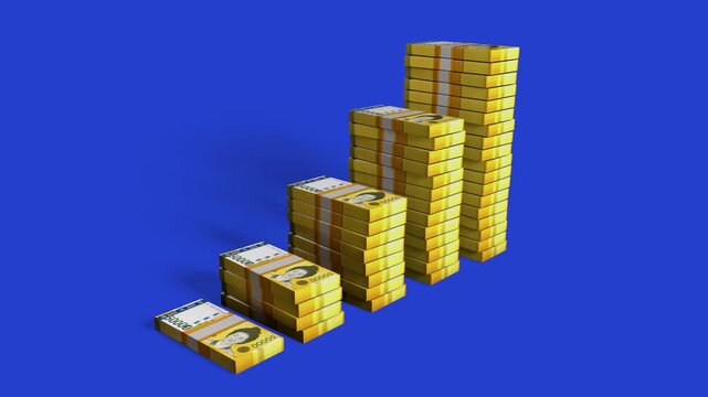 Rising stacks of South Korean 50,000 won bills form a bar chart on a blue background, symbolizing economic growth. An alpha matte is included for easy editing.