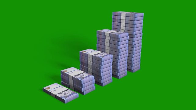 Growing stacks of 500 Saudi Riyal banknotes forming a rising bar chart on a green screen. A perfect financial metaphor for wealth, investment, and Saudi economic growth. Alpha matte included.