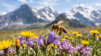 Obraz premium Bee landing on colorful wildflowers in a sunny mountain meadow with snowcapped peaks