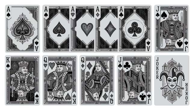 Ornate monochrome playing cards with vintage engraving design