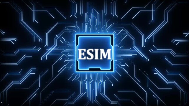 E sim technology concept: digital sim card with global network connectivity data animation
