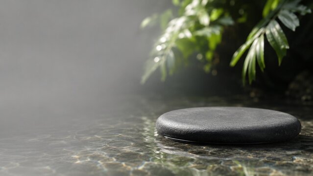 Minimalist cosmetic background with flat black river stone in clear water and misty bokeh