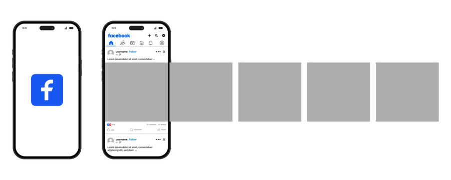official Facebook mobile application interface mockup showing news feed and carousel post template panels.