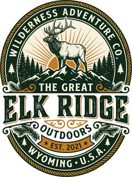 Elk ridge outdoors wilderness adventure wyoming badge graphic illustration