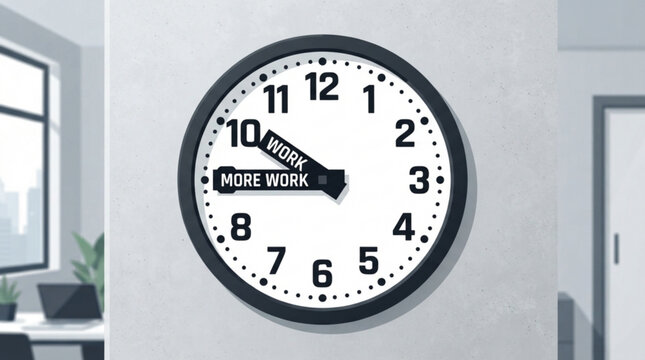 Conceptual wall clock featuring clock hands labeled with work and more work text representing the endless cycle of professional labor in an office